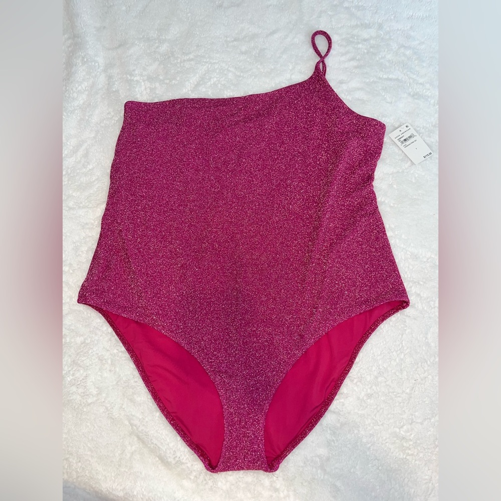NWT GOOD AMERICAN | One Shoulder Hawaiian Pink Sparkle One Piece Bathing Suit - Picture 2 of 6